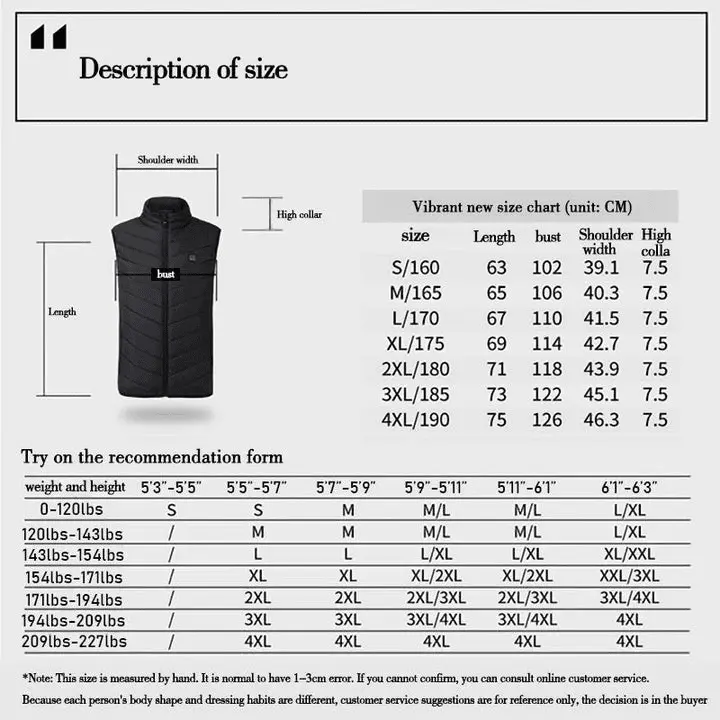 Heated Vest Size Chart
